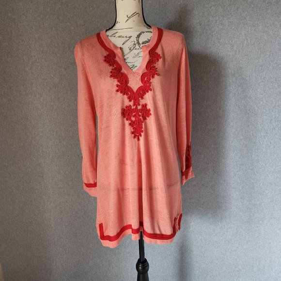 Soft Surroundings Tops - Soft Surroundings Linen Blend Ribbon Embellishing Tunic Top Long Sleeve Coral